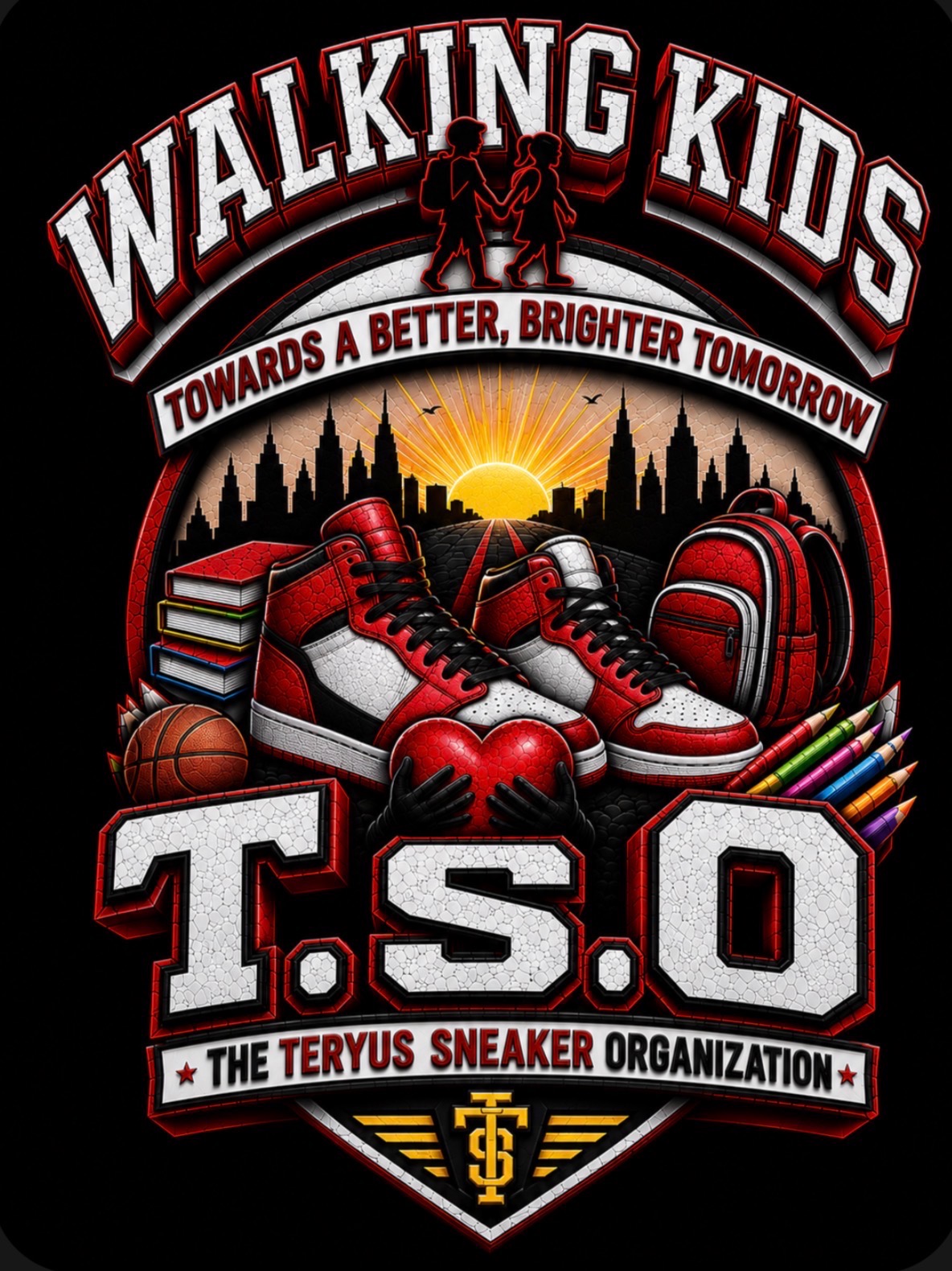 The Teryus Sneaker Organization crest — red sneakers, backpack, books, and a heart beneath a city skyline sunrise, with the motto Walking Kids Towards a Better, Brighter Tomorrow